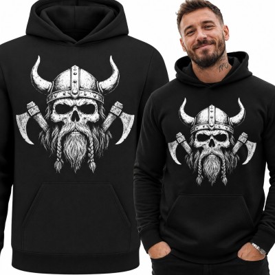 Bluza męska z kapturem - czaszka wikinga w rogatym hełmie z toporami