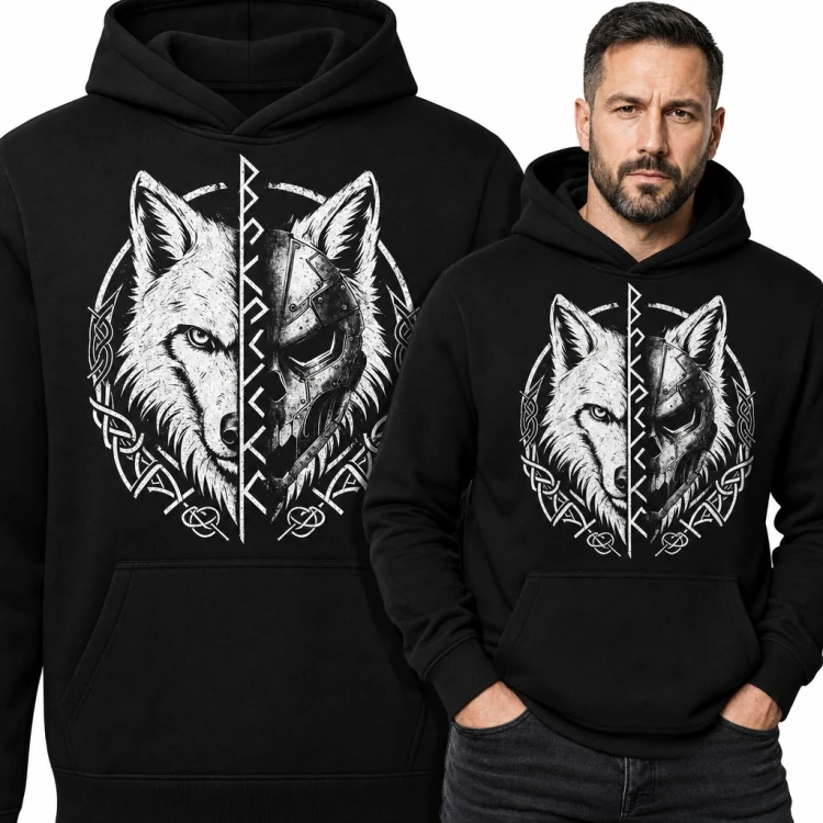 Bluza męska z kapturem - wilk z hełmem wikinga i runami w celtyckim kręgu