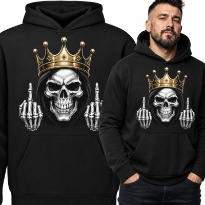 Bluza męska z kapturem - czaszka w złotej koronie ze środkowymi palcami