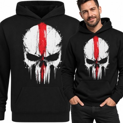 Bluza męska z kapturem - czaszka Punisher z czerwonym pasem w stylu grunge