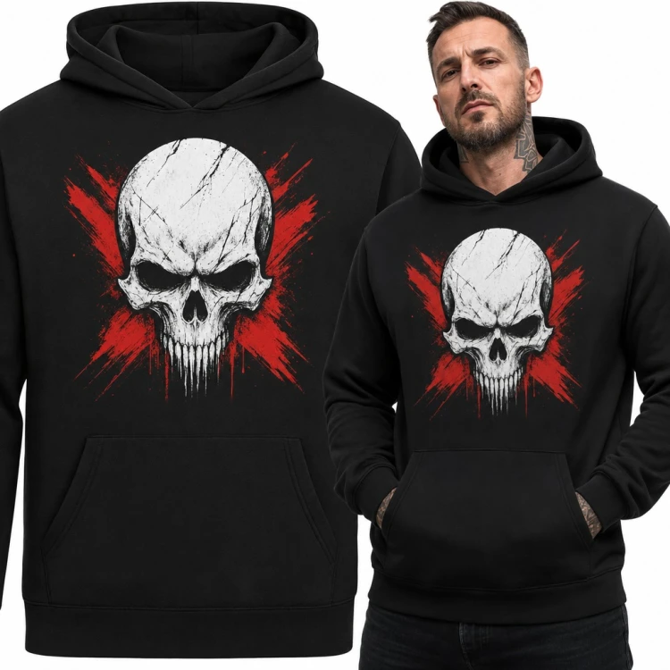 Bluza męska z kapturem - popękana czaszka na czerwonym krzyżu