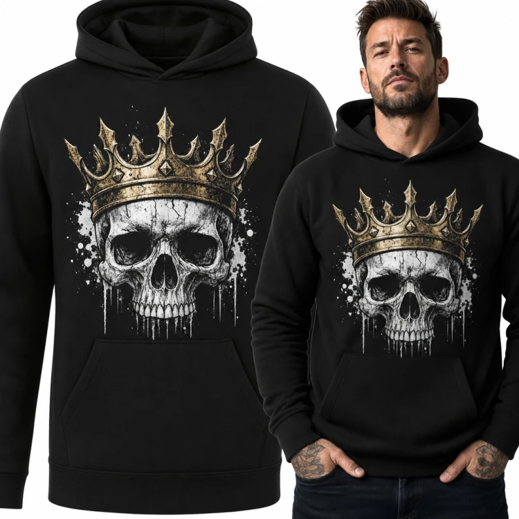 Bluza męska z kapturem - czaszka w złotej koronie z zaciekami farby