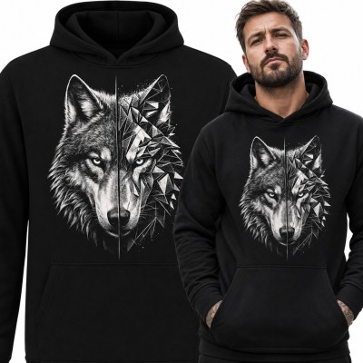 Bluza męska z kapturem - głowa wilka w stylu low poly