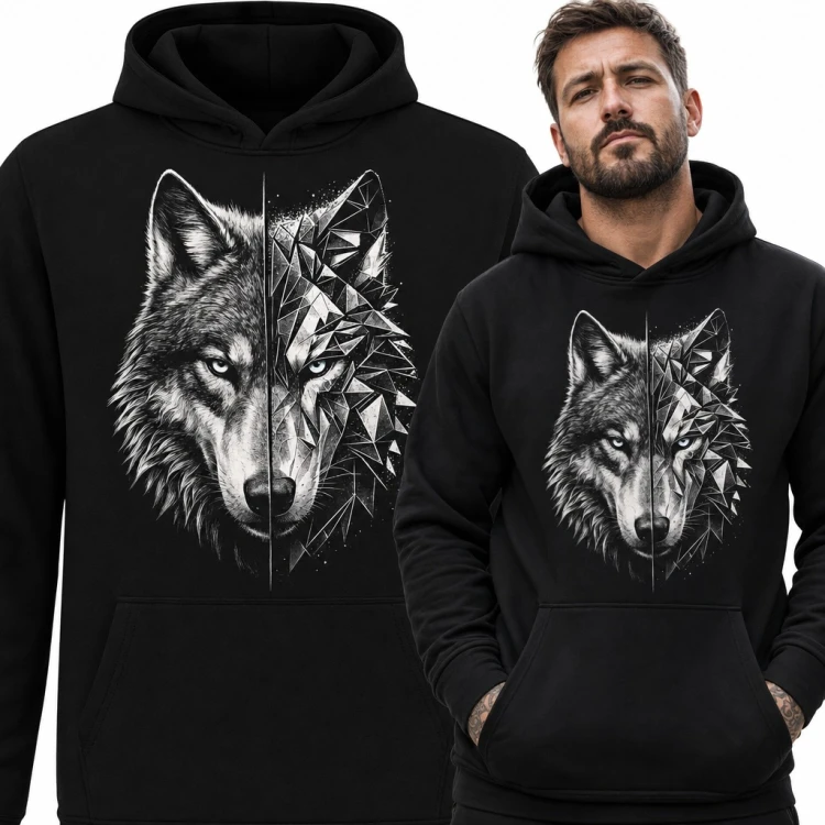 Bluza męska z kapturem - głowa wilka w stylu low poly