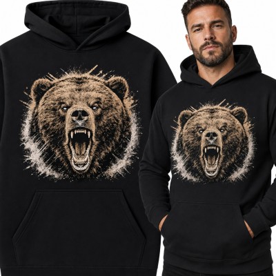 Bluza męska z kapturem - ryczący niedźwiedź grizzly z obnażonymi kłami