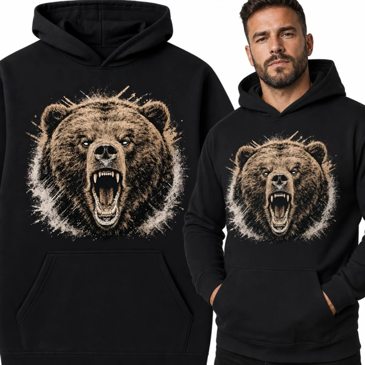Bluza męska z kapturem - ryczący niedźwiedź grizzly z obnażonymi kłami
