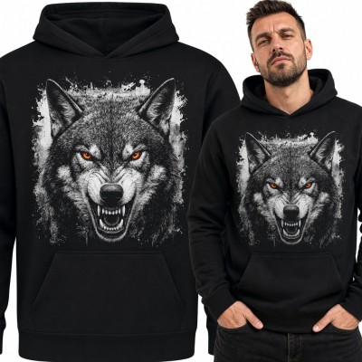 Bluza męska z kapturem - warczący wilk z pomarańczowymi oczami