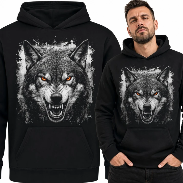 Bluza męska z kapturem - warczący wilk z pomarańczowymi oczami