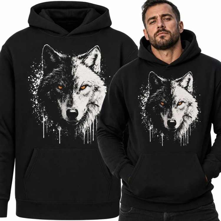Bluza męska z kapturem - wilk pół czarny pół biały z bursztynowymi oczami