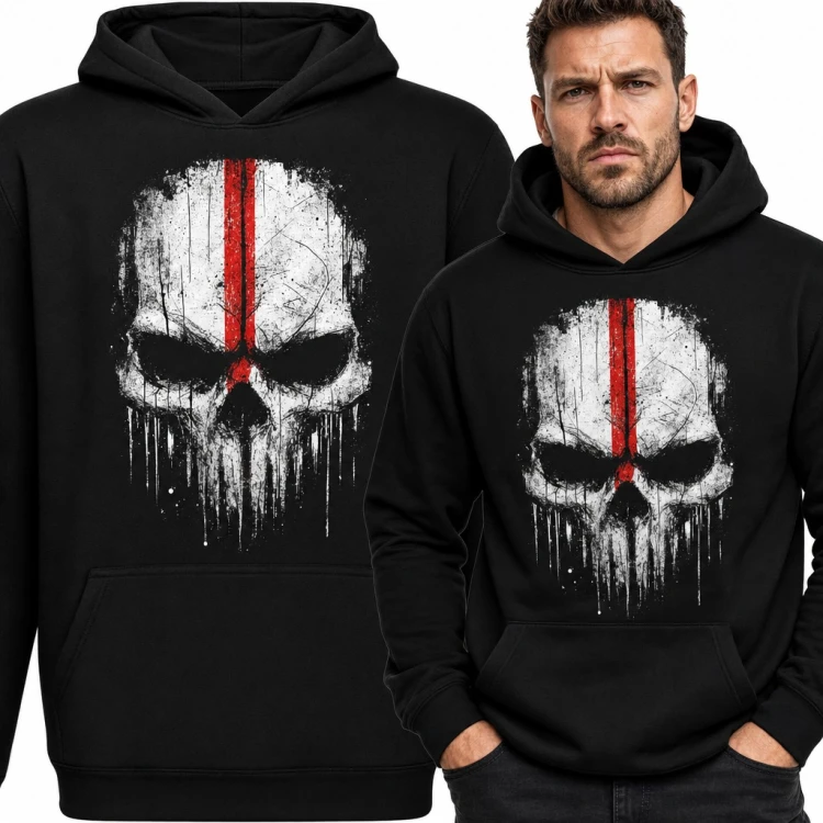 Bluza męska z kapturem - grunge'owa czaszka z czerwonym pasem