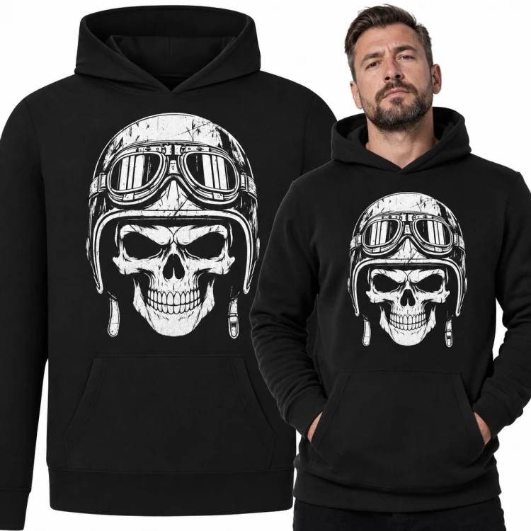 Bluza męska z kapturem - czaszka w kasku motocyklowym z goglami dla motocyklisty