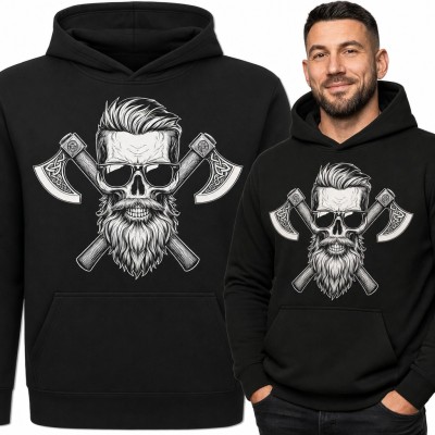 Bluza męska z kapturem - brodata czaszka w okularach i skrzyżowane topory wikingów
