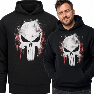 Bluza męska z kapturem - biała czaszka grunge z czerwonymi zaciekami