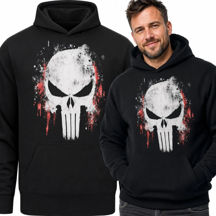 Bluza męska z kapturem - biała czaszka grunge z czerwonymi zaciekami