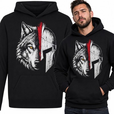 Bluza męska z kapturem - wilk i hełm spartański wojownika