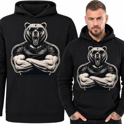 Bluza męska z kapturem - umięśniony niedźwiedź grizzly w okularach przeciwsłonecznych