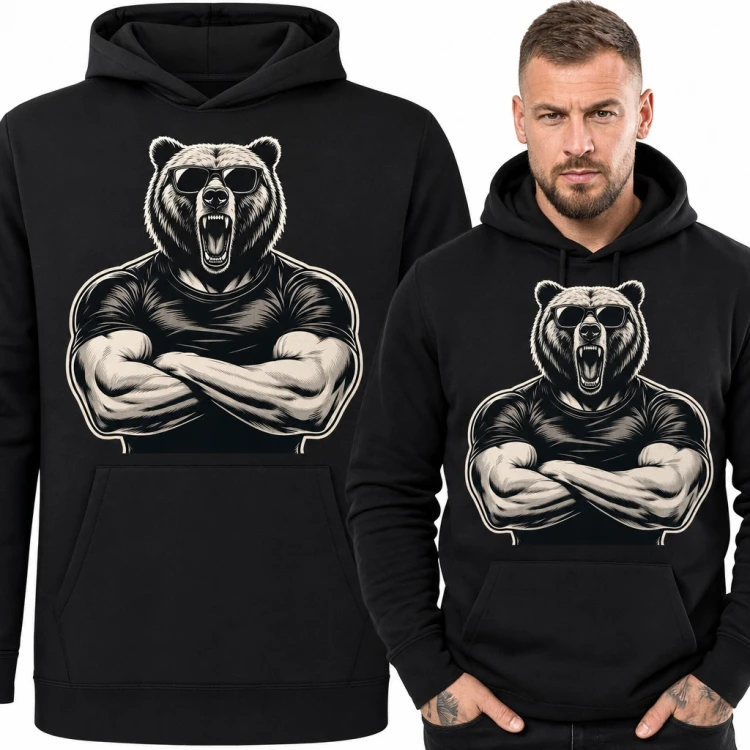 Bluza męska z kapturem - umięśniony niedźwiedź grizzly w okularach przeciwsłonecznych