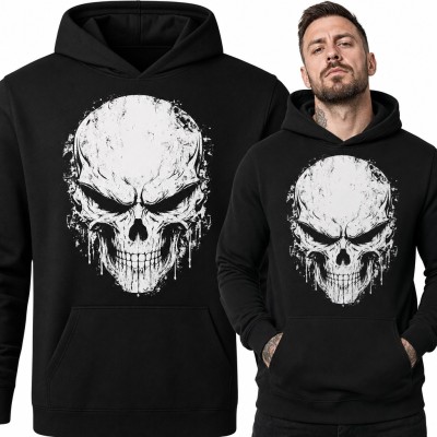 Bluza męska z kapturem - biała czaszka grunge z zaciekami