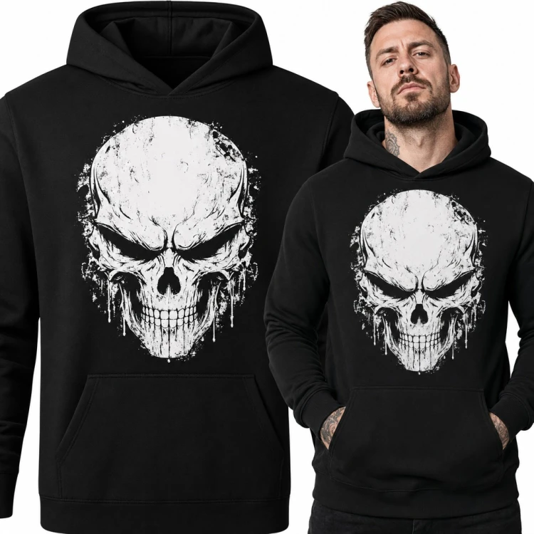 Bluza męska z kapturem - biała czaszka grunge z zaciekami