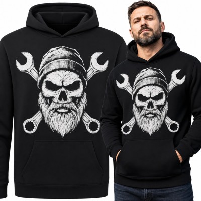 Bluza męska z kapturem dla mechanika - czaszka w czapce beanie i klucze płaskie