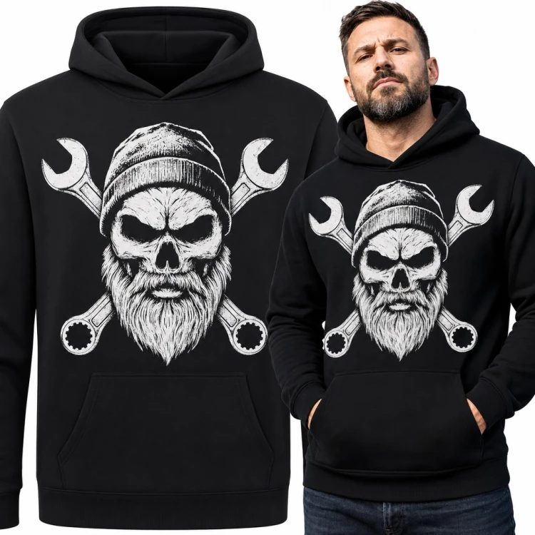 Bluza męska z kapturem dla mechanika - czaszka w czapce beanie i klucze płaskie