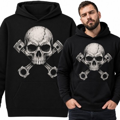 Bluza męska z kapturem - pękająca czaszka i tłoki silnika w stylu warsztatowym