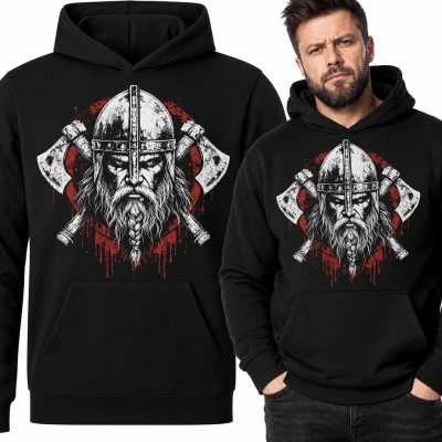 Bluza męska z kapturem - wiking w hełmie ze skrzyżowanymi toporami