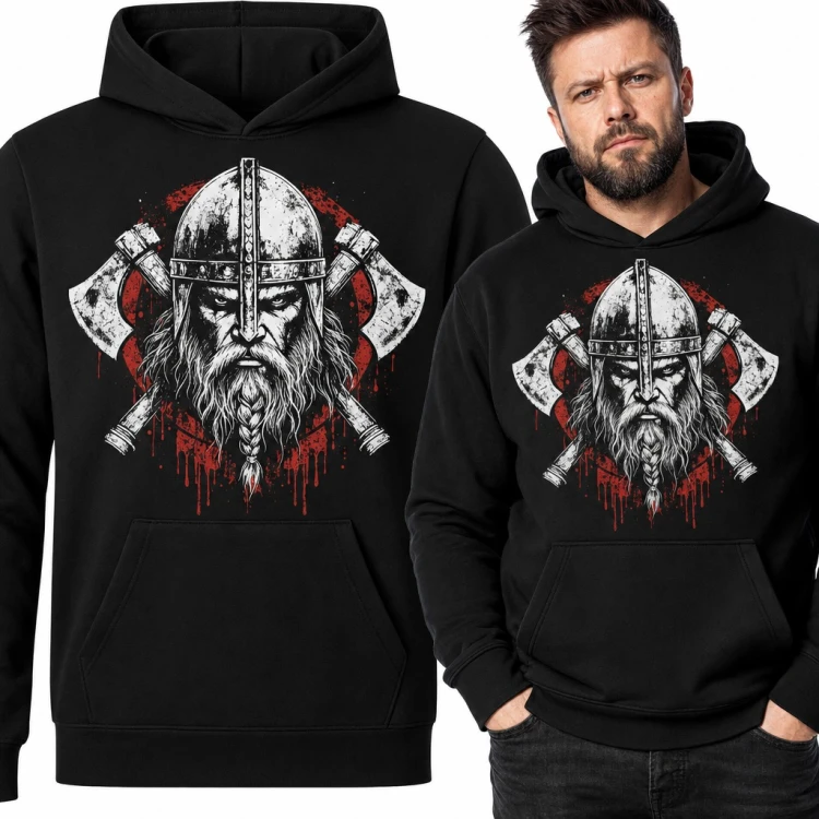 Bluza męska z kapturem - wiking w hełmie ze skrzyżowanymi toporami