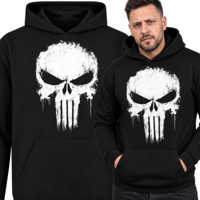 Bluza męska z kapturem - biała czaszka grunge z ociekającymi zębami