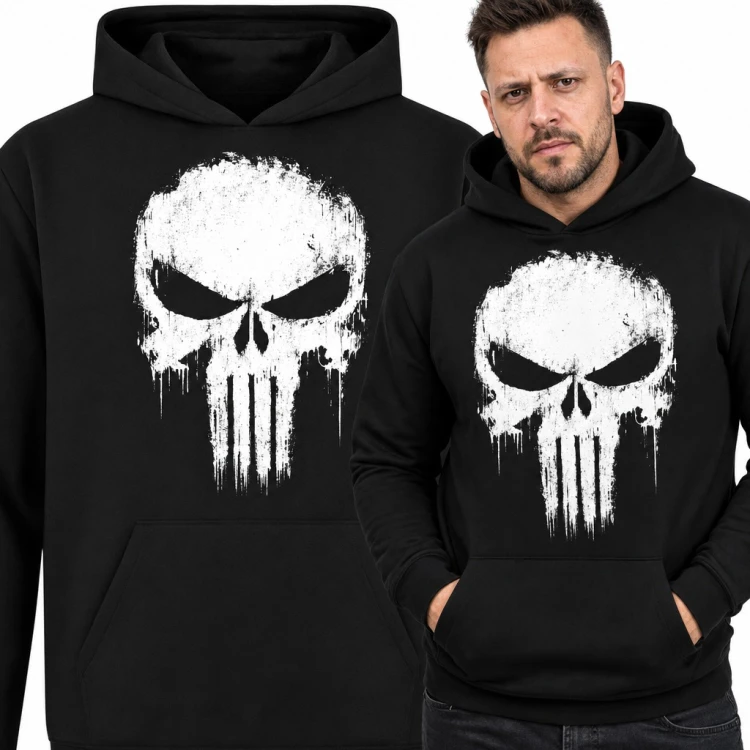 Bluza męska z kapturem - biała czaszka grunge z ociekającymi zębami