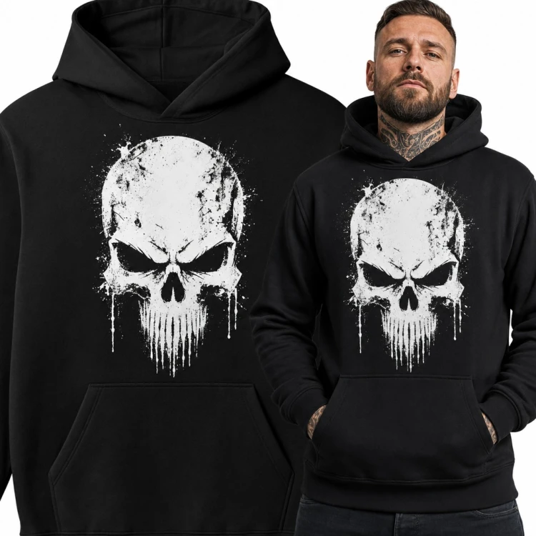 Bluza męska z kapturem - groźna trupia czaszka w rozpryskach farby