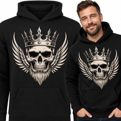 Bluza męska z kapturem - brodata czaszka w koronie ze skrzydłami