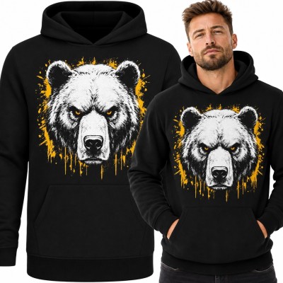 Bluza męska z kapturem - groźny niedźwiedź grizzly z żółtymi rozbryzgami