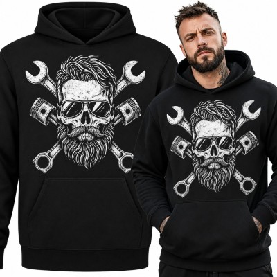 Bluza męska z kapturem - brodata czaszka w okularach na kluczach i tłokach dla mechanika