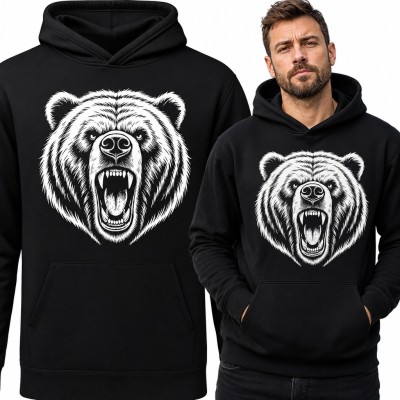 Bluza męska z kapturem z głową niedźwiedzia w ostrym, białym rysunku