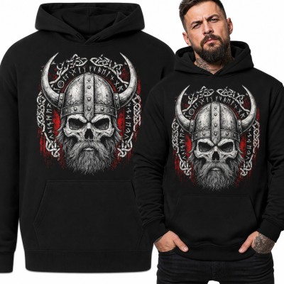 Bluza męska z kapturem - czaszka wikinga w rogatym hełmie z runami