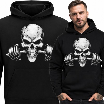 Bluza męska z kapturem - czaszka ze sztangą w zębach dla kulturysty
