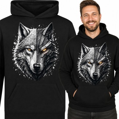 Bluza męska z kapturem - wilk pół zwierzę, pół cyborg