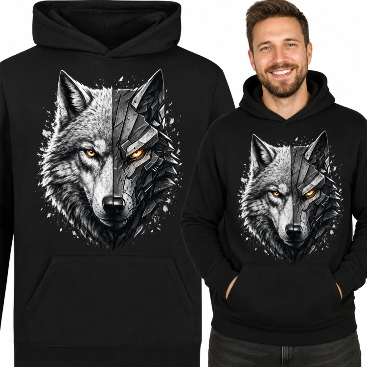 Bluza męska z kapturem - wilk pół zwierzę, pół cyborg