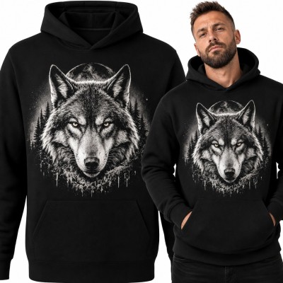 Bluza męska z kapturem - wilk na tle księżyca w pełni i lasu