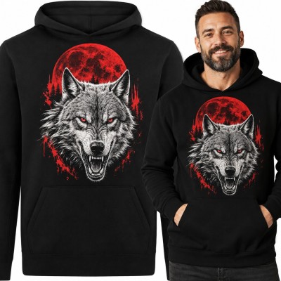 Bluza męska z kapturem - warczący wilk na tle krwawego księżyca