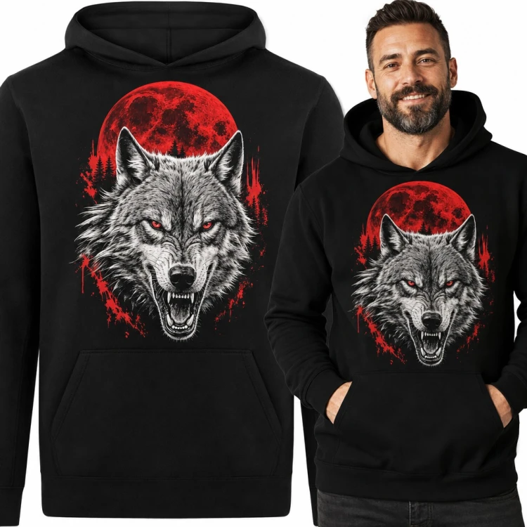 Bluza męska z kapturem - warczący wilk na tle krwawego księżyca
