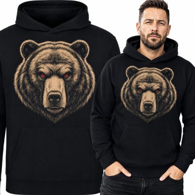 Bluza męska z kapturem - groźny niedźwiedź grizzly z czerwonymi oczami