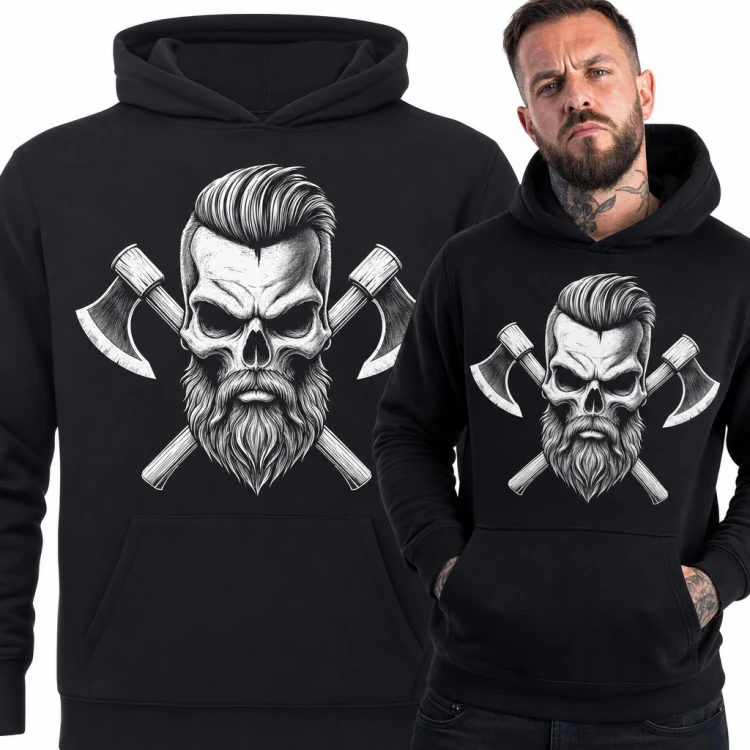 Bluza męska z kapturem - brodata czaszka z fryzurą pompadour i skrzyżowanymi siekierami