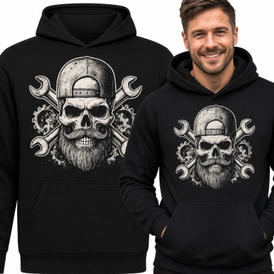 Bluza męska z kapturem - brodata czaszka mechanika w czapce z kluczami i zębatkami