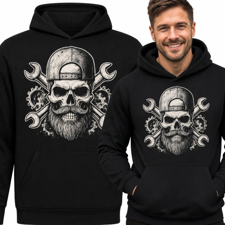 Bluza męska z kapturem - brodata czaszka mechanika w czapce z kluczami i zębatkami