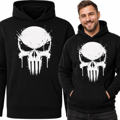 Bluza męska z kapturem - biała czaszka graffiti z zaciekami farby