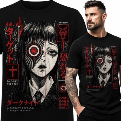 Koszulka męska manga horror z napisem „ターゲット” - dziewczyna z celownikiem