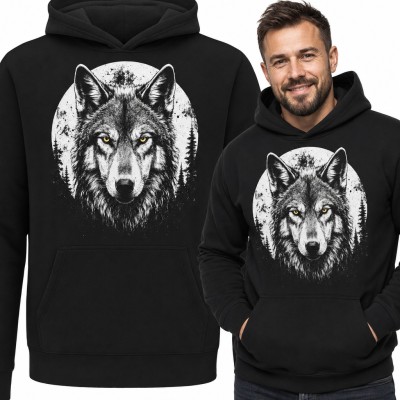 Bluza męska z kapturem - wilk z żółtymi oczami na tle pełni księżyca