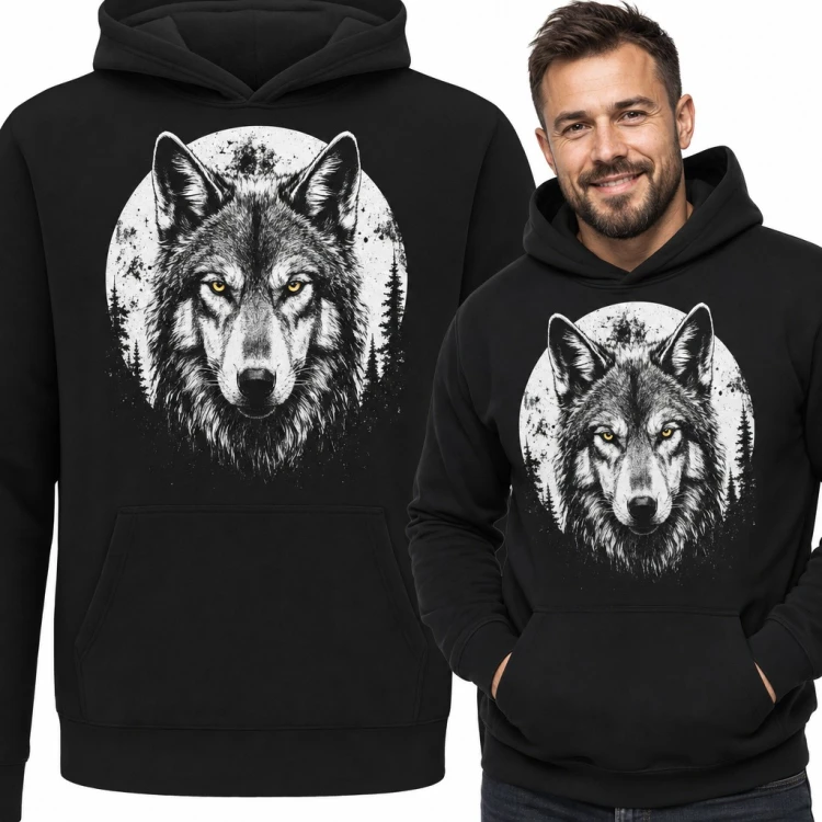 Bluza męska z kapturem - wilk z żółtymi oczami na tle pełni księżyca